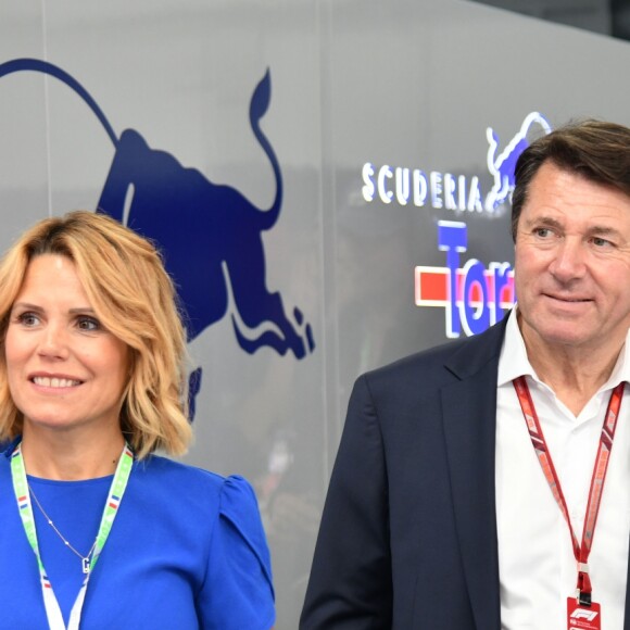 Christian Estrosi et sa femme Laura Tenoudji durant la journée d'essai du Grand Prix de France au Castellet le 23 juin 2018. Christian Estrosi, le maire de Nice et le vice président du Conseil Regional de PACA, est à l'origine du retour du Grand prix de France au Circuit Paul Ricard. © Bruno Bebert/Bestimage