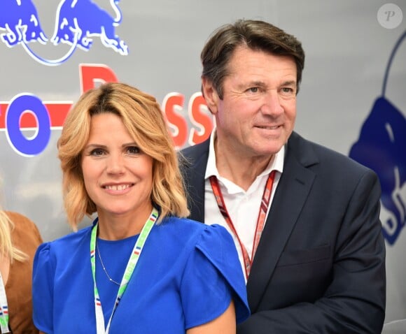 Christian Estrosi et sa femme Laura Tenoudji durant la journée d'essai du Grand Prix de France au Castellet le 23 juin 2018. Christian Estrosi, le maire de Nice et le vice président du Conseil Regional de PACA, est à l'origine du retour du Grand prix de France au Circuit Paul Ricard. © Bruno Bebert/Bestimage