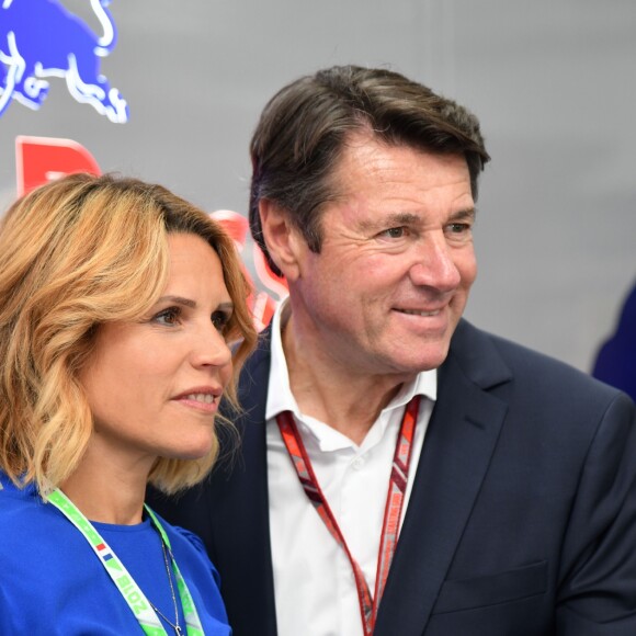 Christian Estrosi et sa femme Laura Tenoudji durant la journée d'essai du Grand Prix de France au Castellet le 23 juin 2018. Christian Estrosi, le maire de Nice et le vice président du Conseil Regional de PACA, est à l'origine du retour du Grand prix de France au Circuit Paul Ricard. © Bruno Bebert/Bestimage