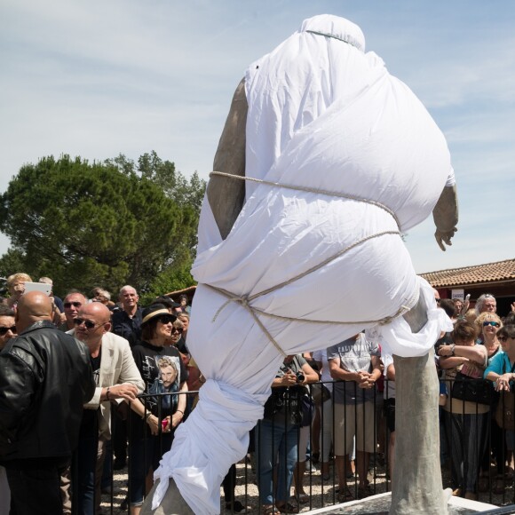 Les fans de Johnny Hallyday découvrent la statue de leur idole sur le terrain du restaurant "Le Tennessee" à Donzère à côté de Viviers-sur-Rhône, France, le 16 juin 2018.