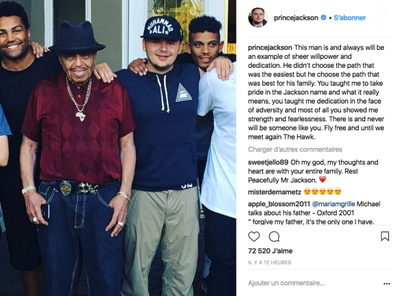 Prince Jackson rend hommage à son grand-père Joe Jackson, mort à Los Angeles, le 27 juin 2018.