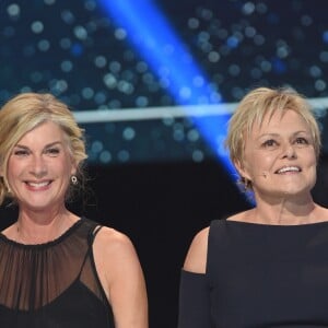 Exclusif - Michèle Laroque et Muriel Robin - Enregistrement de l'émission "Bon anniversaire Line" à l'occasion des 90 ans de L.Renaud au Théâtre Bobino à Paris, qui sera diffusée le Mardi 3 juillet à 20h55 sur France 2. Le 25 juin 2018. © Coadic Guirec / Bestimage