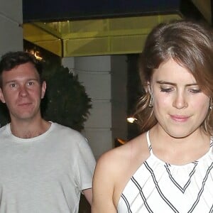 La princesse Eugenie d'York sortant d'un dîner avec son fiancé Jack Brooksbank au restaurant Isabel à Londres le 28 juin 2018.