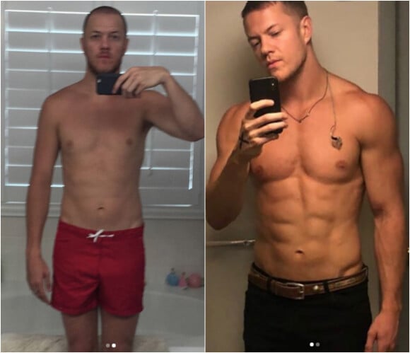 Avant / après : Dan Reynolds (Imagine Dragons) montrant les résultats de sa transformation physique. Juillet 2018.