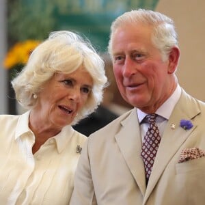 Le prince Charles et Camilla Parker Bowles, duchesse de Cornouailles, lors de la réouverture du marché nouvellement rénové, Strand Hall, à Builth Wells. Le 4 juillet 2018