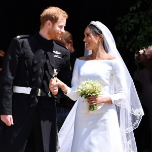 Le prince Harry, duc de Sussex, et Meghan Markle, duchesse de Sussex, à la sortie de chapelle St. George au château de Windsor - Sortie après la cérémonie de mariage du prince Harry et de Meghan Markle en la chapelle Saint-George au château de Windsor, Royaume Uni, le 19 mai 2018.