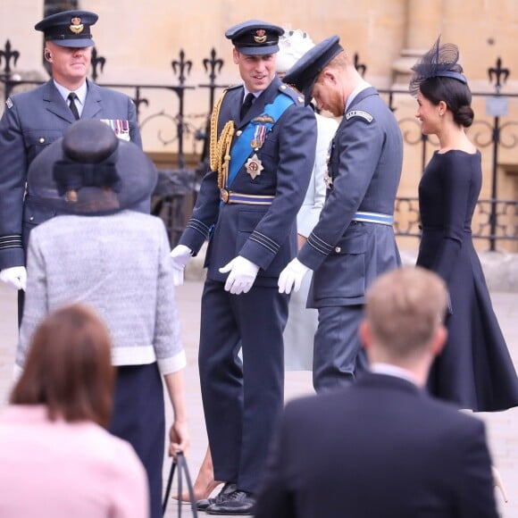 La duchesse Catherine de Cambridge (Kate Middleton), le prince William, la duchesse Meghan de Sussex (Meghan Markle) et le prince Harry à l'abbaye de Westminster, le 10 juillet 2018 à Londres, pour le service marquant le centenaire de la Royal Air Force (RAF).