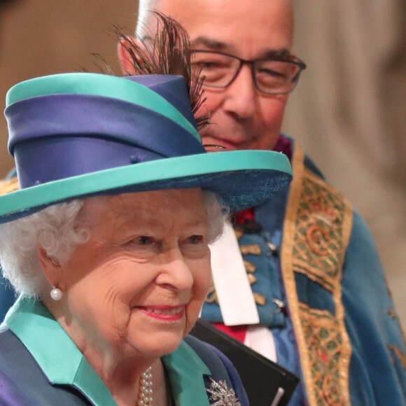 La reine Elizabeth II à l'abbaye de Westminster, le 10 juillet 2018 à Londres, pour le service marquant le centenaire de la Royal Air Force (RAF).