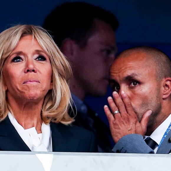Brigitte Macron lors de la victoire de l'équipe de France en Russie, le 15 juillet 2018.