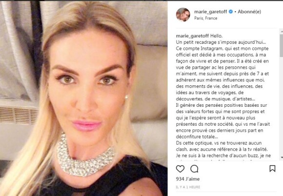 Message de Marie Garet, Instagram, 12 février 2018