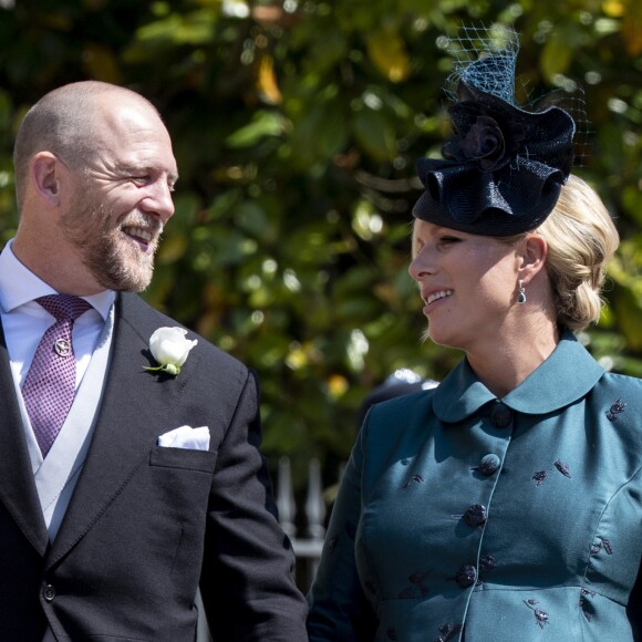 Mike Tindall et sa femme Zara Phillips Tindall, alors enceinte de leur fille Lena, au mariage du prince Harry et de Meghan Markle le 19 mai 2018 à Windsor.