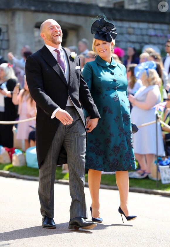 Mike Tindall et sa femme Zara Phillips Tindall, alors enceinte de leur fille Lena, au mariage du prince Harry et de Meghan Markle le 19 mai 2018 à Windsor.