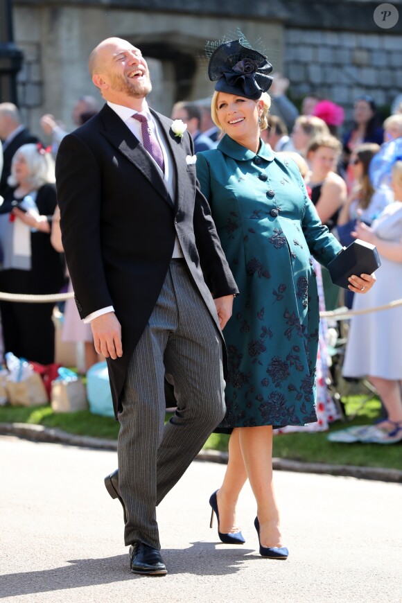 Mike Tindall et sa femme Zara Phillips Tindall, alors enceinte de leur fille Lena, au mariage du prince Harry et de Meghan Markle le 19 mai 2018 à Windsor.