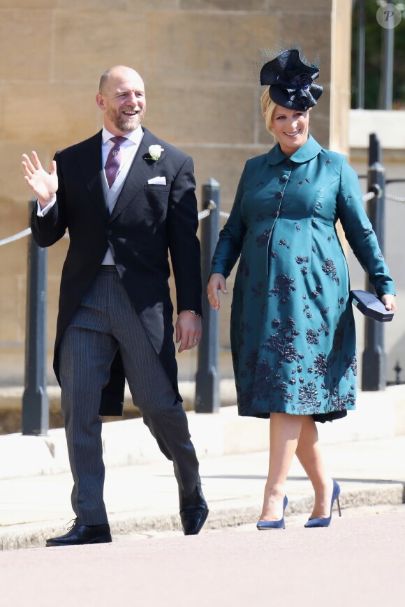 Mike Tindall et sa femme Zara Phillips Tindall, alors enceinte de leur fille Lena, au mariage du prince Harry et de Meghan Markle le 19 mai 2018 à Windsor.