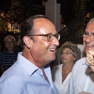 Exclusif - François Hollande et Norbert Balit et sa compagne Laurence Piquet - Festival de Ramatuelle - Pièce ART de Y. Reza le 4 août 2018. Un dîner était donné à l'issue de la représentation. © Cyril Bruneau / Festival de Ramatuelle / Bestimage