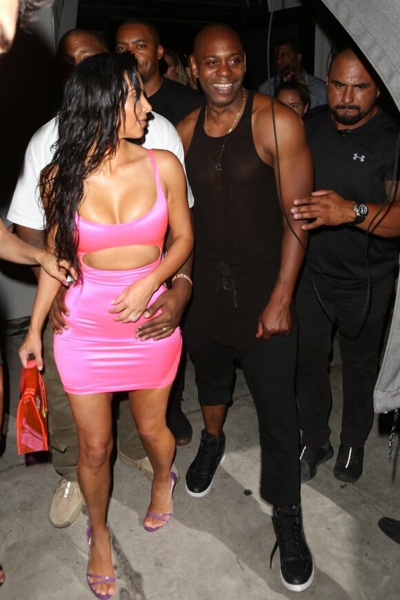 Kanye West, sa femme Kim Kardashian et Dave Chappelle - Arrivées et sorties des célébrités venues au restaurant "Craig's" puis au club "Delilah" pour célébrer les 21 ans de Kylie Jenner à Los Angeles, le 9 août 2018.
