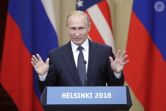 Donald J. Trump (président des Etats-Unis) en compagnie de femme Melania, et Vladimir Poutine (président de la Fédération de Russie), donnent une conférence de presse commune en marge du Sommet d'Helsinki. Finlande, le 16 juillet 2018.