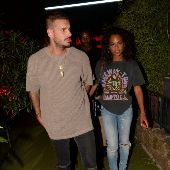 Exclusif - Matt Pokora (M. Pokora) et sa compagne Christina Milian à la sortie du VIP Room à Saint-Tropez, le 17 août 2018. © Rachid Bellak/Bestimage