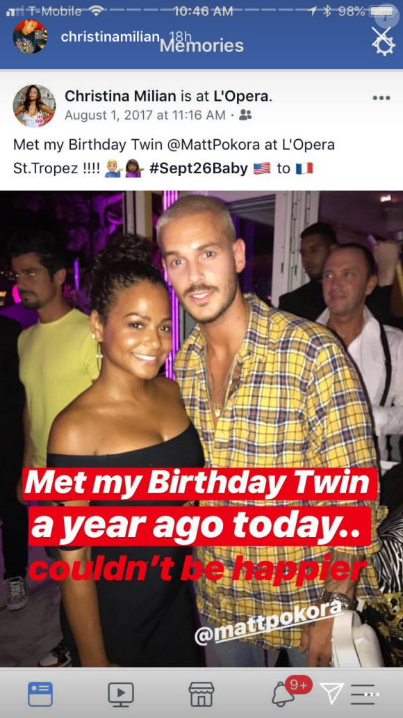 Le 1er août 2018, Christina Milian a fait un clin d'oeil à son chéri M. Pokora sur son compte Instagram, célébrant les un an de leur rencontre. Le couple ne s'est plus quitté après ce jour.