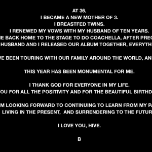Beyoncé écrit à ses fans pour son 37e anniversaire, le 4 septembre 2018.