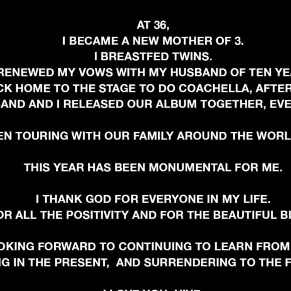 Beyoncé écrit à ses fans pour son 37e anniversaire, le 4 septembre 2018.
