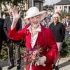 La reine Margrethe II de Danemark visitant la ville de Svendborg le 6 septembre 2018 lors de sa tournée d'été à bord du yacht royal, le Dannebrog.