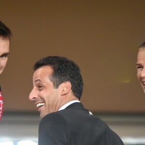 Louis Ducruetet sa mère la princesse Stéphanie de Monaco avec Ludovic Giuly - Match de football entre l'AS Monaco et l'Atlético de Madrid lors de la 1ère journée de Ligue des champions au stade Louis-II à Monaco le 18 septembre 2018. L'Atlético de Madrid a battu l'AS Monaco sur le score de 2 buts à 1. © Lionel Urman/Bestimage