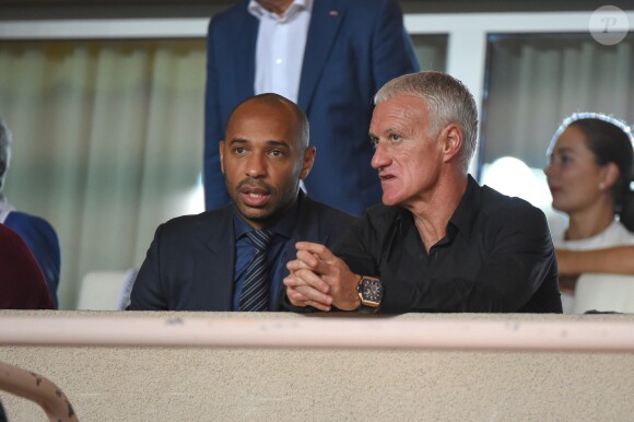 Thierry Henry, Didier Deschamps - Match de football entre l'AS Monaco et l'Atlético de Madrid lors de la 1ère journée de Ligue des champions au stade Louis-II à Monaco le 18 septembre 2018. L'Atlético de Madrid a battu l'AS Monaco sur le score de 2 buts à 1. © Lionel Urman/Bestimage