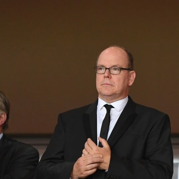 Dmitri Rybolovlev (président de l'AS Monaco), le prince Albert II de Monaco et la princesse Stéphanie de Monaco - Match de football entre l'AS Monaco et l'Atlético de Madrid lors de la 1ère journée de Ligue des champions au stade Louis-II à Monaco le 18 septembre 2018. L'Atlético de Madrid a battu l'AS Monaco sur le score de 2 buts à 1. © Lionel Urman/Bestimage