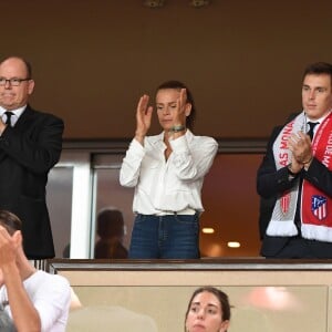 Dmitri Rybolovlev (président de l'AS Monaco), le prince Albert II de Monaco et la princesse Stéphanie de Monaco - Match de football entre l'AS Monaco et l'Atlético de Madrid lors de la 1ère journée de Ligue des champions au stade Louis-II à Monaco le 18 septembre 2018. L'Atlético de Madrid a battu l'AS Monaco sur le score de 2 buts à 1. © Lionel Urman/Bestimage