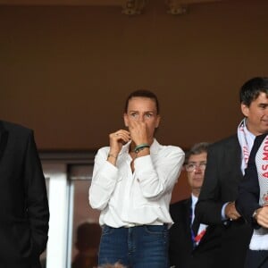 Le prince Albert II de Monaco, la princesse Stéphanie de Monaco, Louis Ducruet - Match de football entre l'AS Monaco et l'Atlético de Madrid lors de la 1ère journée de Ligue des champions au stade Louis-II à Monaco le 18 septembre 2018. L'Atlético de Madrid a battu l'AS Monaco sur le score de 2 buts à 1. © Lionel Urman/Bestimage