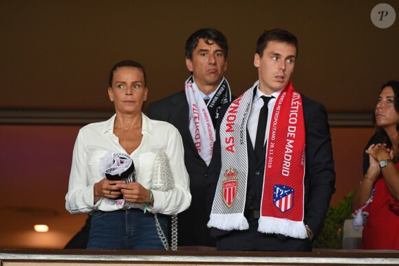 La princesse Stéphanie de Monaco et son fils Louis Ducruet - Match de football entre l'AS Monaco et l'Atlético de Madrid lors de la 1ère journée de Ligue des champions au stade Louis-II à Monaco le 18 septembre 2018. L'Atlético de Madrid a battu l'AS Monaco sur le score de 2 buts à 1. © Lionel Urman/Bestimage