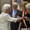 La reine Paola de Belgique en visite à l'école communale Arc en Ciel de Molenbeek le 29 mai 2018.