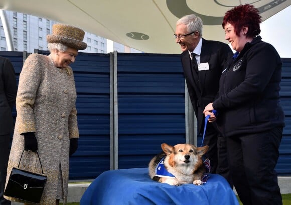 La reine Elizabeth II heureuse de voir un corgi lors de sa visite au refuge "Battersea Dogs And Cats Home" à Londres, le 17 mars 2015.