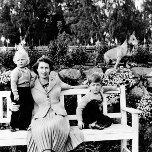 La reine Elizabeth II, la princesse Anne et le prince Charles posant à Balmoral en 1953... avec la participation du corgi Sue !