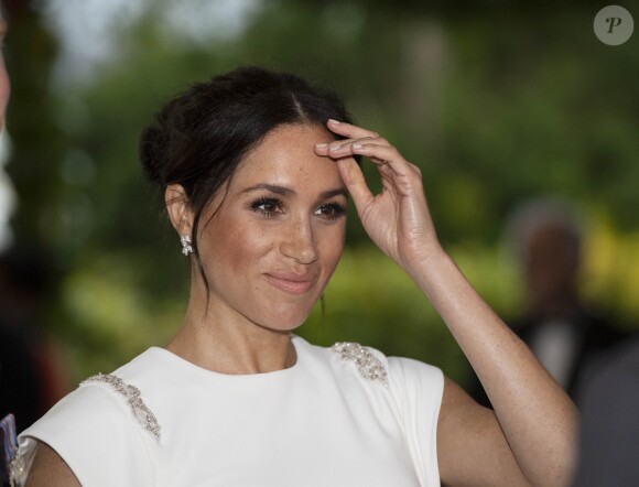 Meghan Markle, duchesse de Sussex (enceinte) à la Maison consulaire de Tonga le premier jour de leur visite dans le pays, le 25 octobre 2018.