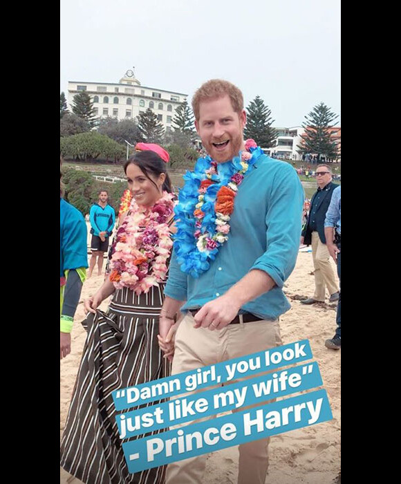 Image de la story Instagram de Danielle Bazergy suite à sa rencontre avec le prince Harry et la duchesse Meghan de Sussex, à laquelle elle ressemble étonnamment, lors de leur passage à Bondi Beach, Sydney, en Australie le 20 octobre 2018.
