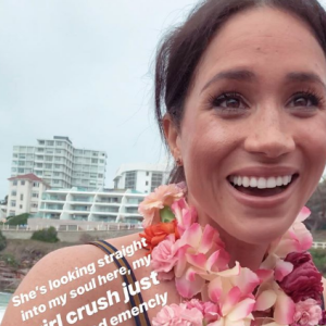 Image de la story Instagram de Danielle Bazergy suite à sa rencontre avec le prince Harry et la duchesse Meghan de Sussex, à laquelle elle ressemble étonnamment, lors de leur passage à Bondi Beach, Sydney, en Australie le 20 octobre 2018.