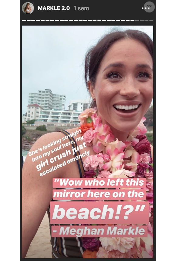 L'Australienne Danielle Bazergy ressemble de manière troublante à Meghan Markle, comme on le lui fait souvent remarquer et comme elle le met en avant dans sa story Instagram à la une "Markle 2.0", dont est extraite cette image. En octobre 2018, elle a pu rencontrer à Bondi Beach la duchesse de Sussex et son mari le prince Harry, stupéfaits par la ressemblance.