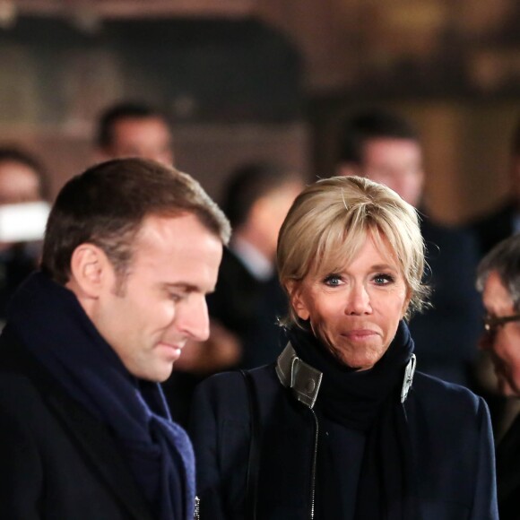 Le couple présidentiel, le président de la République française Emmanuel Macron et sa femme la Première Dame Brigitte Macron (Trogneux) ont accueilli le président de la République fédérale d'Allemagne et sa femme avec une cérémonie militaire, avant de pénétrer dans la cathédrale Notre-Dame de Strasbourg pour un concert d'oeuvres de Debussy et Beethoven à Strasbourg, France, le 4 Novembre 2018, pour lancer une semaine de commémorations du centenaire de l'armistice de la Première Guerre mondiale. La Première Dame française est vêtue d'une veste zippée à col métallisé signée Louis Vuitton, la même que le soir de l'élection de son mari. © Stéphane Lemouton/Bestimage