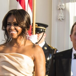 Le premier ministre Suédois Stefan Lofven et sa femme Ulla Lofven accueillis par le président américain Barack Obama et sa femme Michelle Obama - Dîner à la Maison Blanche lors du sommet des chefs d'Etat de cinq pays nordiques à Washington le 14 mai 2016.