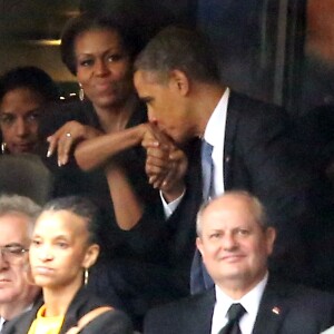 Helle Thorning Schmidt (Premier ministre du Danemark), Michelle et Barack Obama - Personnalites a la ceremonie d'hommage officielle a Nelson Mandela au stade de Soccer City a Soweto. Le 10 decembre 2013.