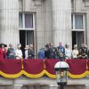 La famille royale britannique au balcon du palais de Buckingham le 10 juillet 2018 à Londres lors de la parade aérienne pour le centenaire de la RAF. Autour de la reine Elizabeth II se trouvaient le prince et la princese Michael de Kent, le prince Edward et la comtesse Sophie de Wessex, le prince Charles et la duchesse Camilla de Cornouailles, le prince William et la duchesse Catherine de Cambridge, le prince Harry et la duchesse Meghan de Sussex...