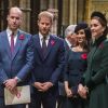 Le prince William, le prince Harry, la duchesse Meghan de Sussex et la duchesse Catherine de Cambridge à l'abbaye de Westminster lors du service commémoratif pour le centenaire de la fin de la Première Guerre mondiale à Londres le 11 novembre 2018