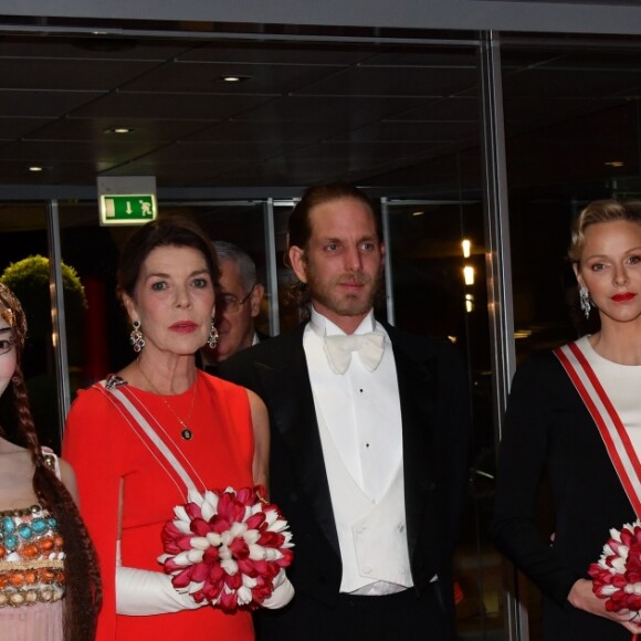 La princesse Caroline de Hanovre, son fils Andrea Casiraghi, la princesse Charlene et le prince Albert II de Monaco arrivant le 19 novembre 2018 au Grimaldi Forum lors de la soirée de gala dans le cadre de la Fête Nationale monégasque 2018. © Bruno Bebert / PRM / Bestimage