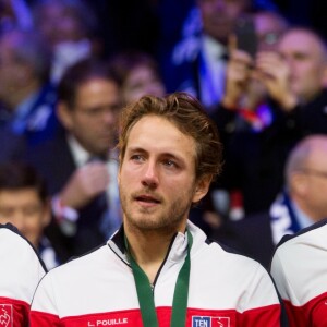 Le capitaine de l'équipe de France Yannick Noah, Lucas Pouille, Jérémy Chardy et Pierre-Hugues Herbert - Le joueur de tennis français Lucas Pouille opposé au joueur Croate Marin Cilic lors de la Finale de la Coupe Davis France vs Croatie, au Stade Pierre Mauroy à Villeneuve d'Ascq, France, le 25 novembre 2018.