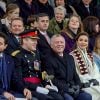 Le prince héritier Hussein de Jordanie, le roi Abdullah II, la reine Rania et la princesse Iman le 24 novembre 2018 à l'académie militaire royale de Sandhurst en Angleterre lors de la parade de fin de formation de la princesse Salma de Jordanie.