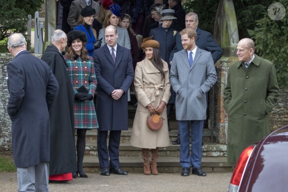Kate Catherine Middleton, enceinte et le prince William, duc de Cambridge avec le prince Harry et sa fiancée Meghan Markle, le prince Philip Duc d'Édimbourg - La famille royale d'Angleterre arrive à l'église St Mary Magdalene pour la messe de Noël à Sandringham le 25 décembre 2017