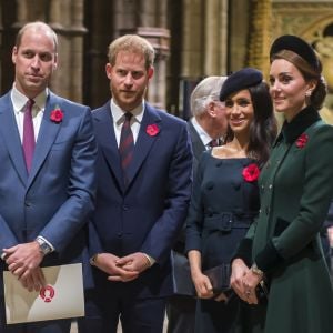 Le prince William, duc de Cambridge, le prince Harry, duc de Sussex et Meghan Markle (enceinte), duchesse de Sussex, Kate Catherine Middleton, duchesse de Cambridge - La famille royale d'Angleterre lors du service commémoratif en l'abbaye de Westminster pour le centenaire de la fin de la Première Guerre Mondiale à Londres. Le 11 novembre 2018