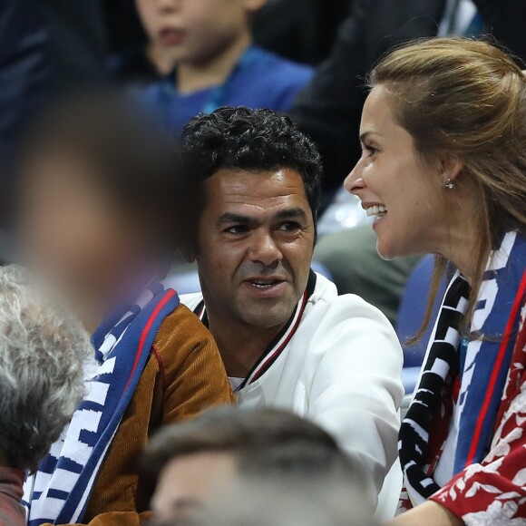 Jamel Debbouze, sa femme Mélissa Theuriau et leur fils Léon dans les tribunes du stade de France lors du match de ligue des nations opposant la France à l'Allemagne à Saint-Denis, Seine Saint-Denis, France, le 16 octobre 2018. La France a gagné 2-1.
